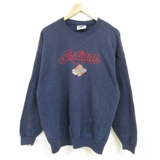 リー(Lee)のXL★古着 リー Lee 長袖 スウェット メンズ 90年代 90s MLB クリーブランドインディアンス ワールドシリーズ 刺繍 クルーネック USA製 紺 ネイビー メジャーリーグ ベースボール 野球 23oct16 中古 スエット トレーナー トップス(パーカー)