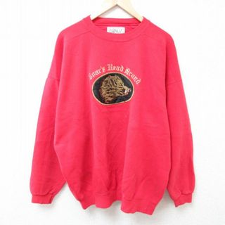 XL★古着 長袖 スウェット メンズ 90年代 90s イノシシ 刺繍 大きいサイズ クルーネック USA製 赤 レッド 23oct18 中古 スエット トレーナー トップス(パーカー)