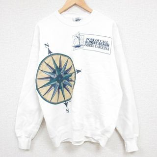 リー(Lee)のXL★古着 リー Lee 長袖 スウェット メンズ 90年代 90s サンセットビーチ ノースカロライナ 方位磁石 クルーネック USA製 白 ホワイト 23oct20 中古 スエット トレーナー トップス(パーカー)