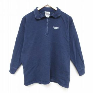 リーボック(Reebok)のM★古着 リーボック REEBOK 長袖 ハーフジップ スウェット メンズ 90年代 90s ワンポイントロゴ クルーネック USA製 紺 ネイビー 23oct25 中古 スエット トレーナー トップス(パーカー)