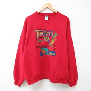 XL★古着 ジャージーズ 長袖 スウェット メンズ 00年代 00s Teachers ペン コップ 本 クルーネック 赤 レッド 23oct24 中古 スエット トレーナー トップス(パーカー)