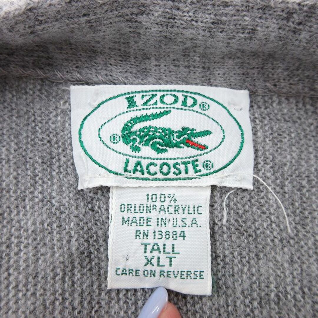 LACOSTE(ラコステ)のXL★古着 ラコステ LACOSTE IZOD 長袖 ブランド ニット カーディガン メンズ 90年代 90s ワンポイントロゴ 大きいサイズ Vネック USA製 グレー 霜降り 23oct18 中古 トップス メンズのトップス(カーディガン)の商品写真