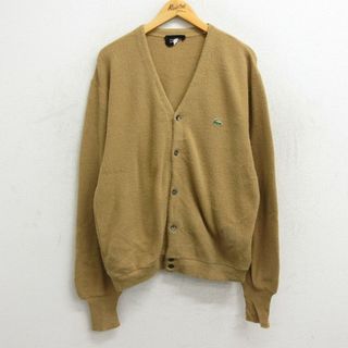 XL★古着 IZOD 長袖 ブランド ニット カーディガン メンズ 80年代 80s ワンポイントロゴ ベージュ カーキ 23oct19 中古 トップス(カーディガン)