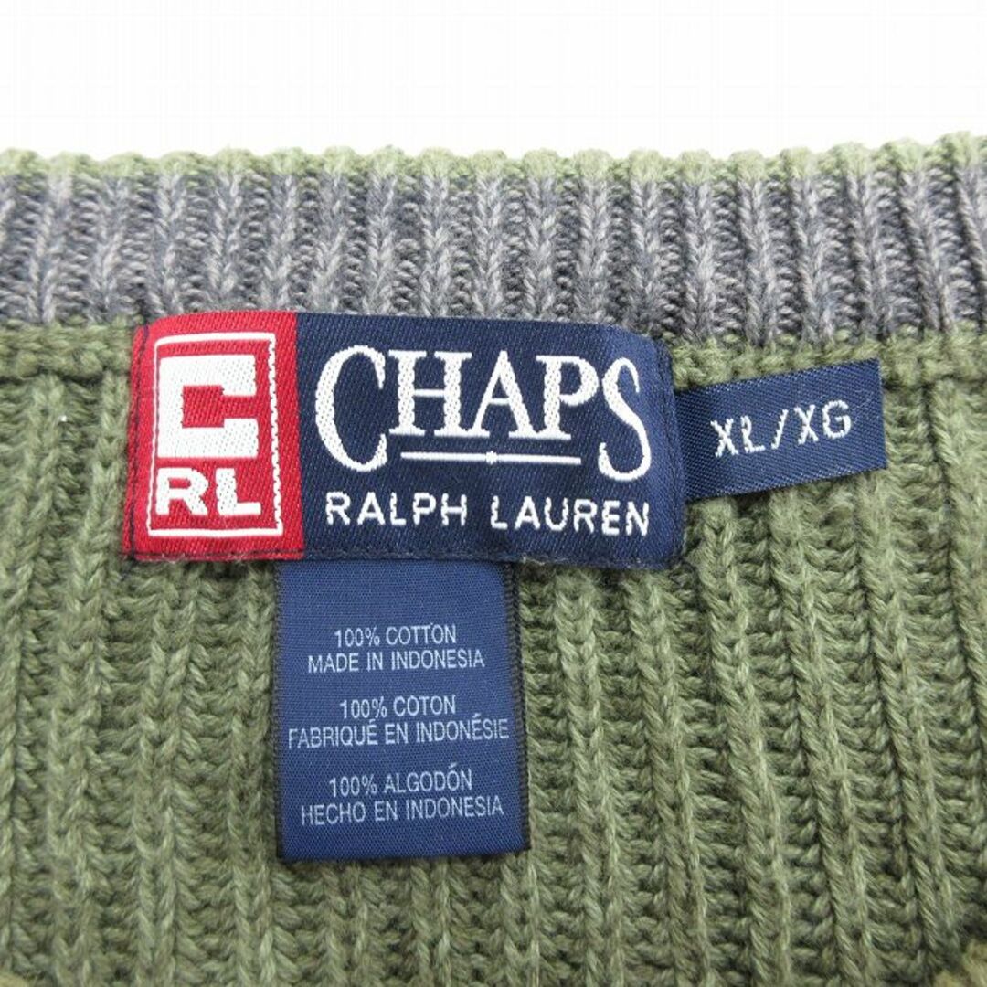 Ralph Lauren(ラルフローレン)のXL★古着 ラルフローレン Ralph Lauren チャップス 長袖 ブランド セーター メンズ 90年代 90s ワンポイントロゴ 大きいサイズ ロング丈 コットン クルーネック 緑 グリーン 23oct21 中古 ニット トップス メンズのトップス(ニット/セーター)の商品写真