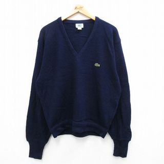 ラコステ(LACOSTE)のL★古着 ラコステ LACOSTE IZOD 長袖 セーター メンズ 90年代 90s ワンポイントロゴ アクリル Vネック USA製 紺 ネイビー 23oct24 中古 ニット トップス(ニット/セーター)