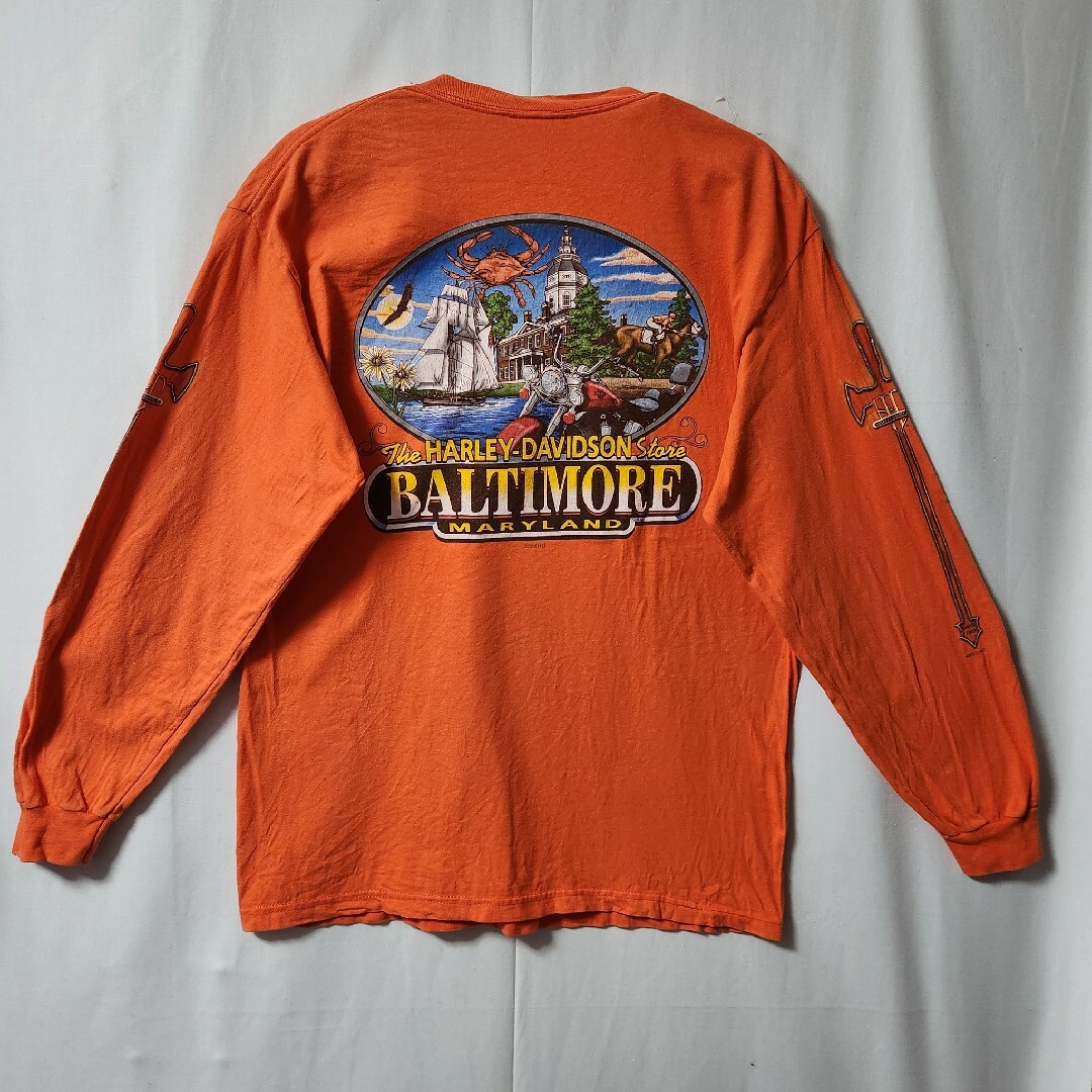 Harley Davidson(ハーレーダビッドソン)のHARLEY DAVIDSON　ハーレー　ロンT　オレンジ　USA製　L メンズのトップス(Tシャツ/カットソー(七分/長袖))の商品写真