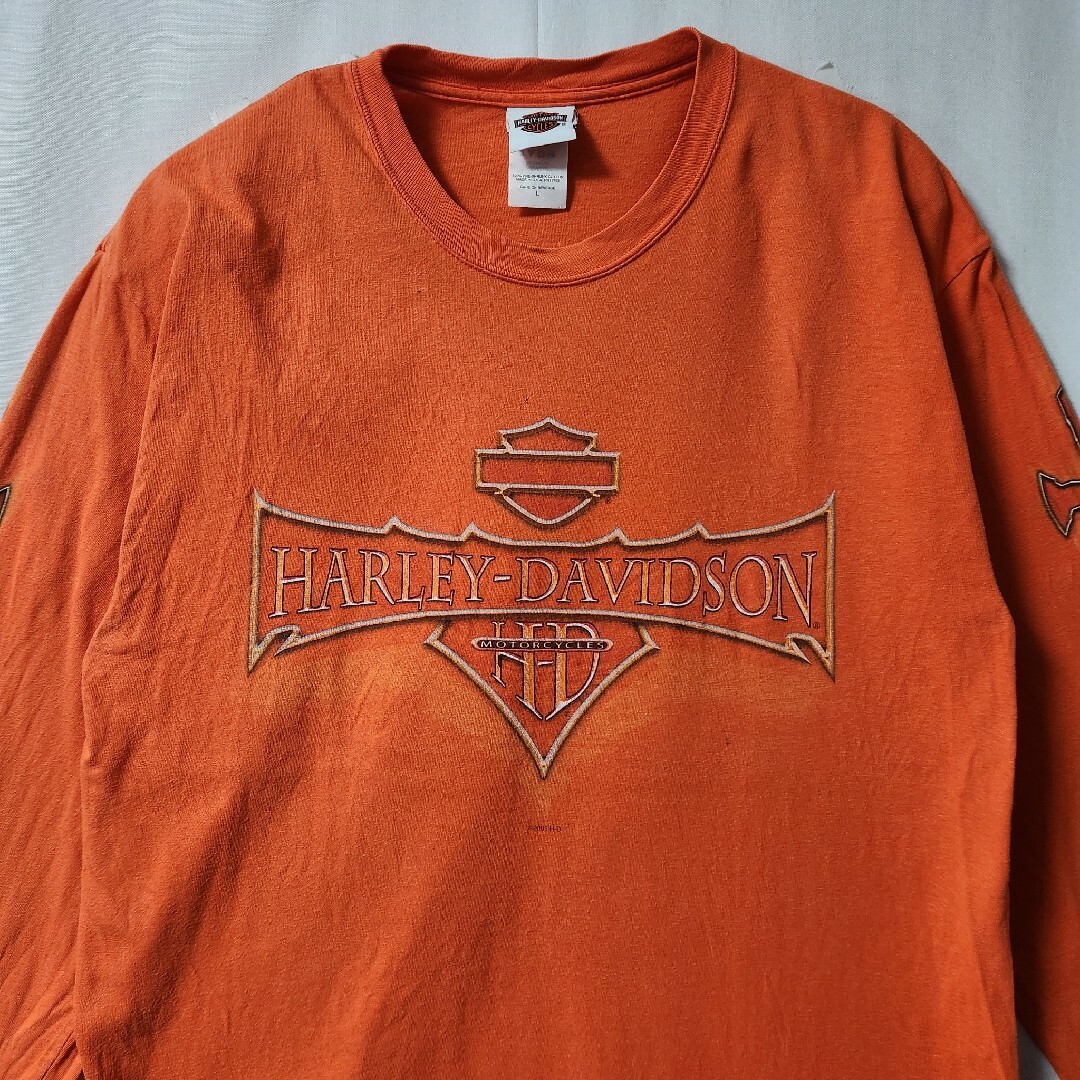 Harley Davidson(ハーレーダビッドソン)のHARLEY DAVIDSON　ハーレー　ロンT　オレンジ　USA製　L メンズのトップス(Tシャツ/カットソー(七分/長袖))の商品写真