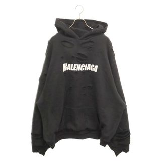 バレンシアガ(Balenciaga)のBALENCIAGA バレンシアガ 21SS Destroyed Hoodie デストロイフーディ ダメージ加工 ロゴプリント オーバーサイズプオーバーパーカー ブラック 659403 TKVB6(パーカー)