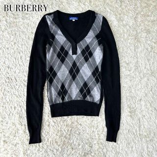 BURBERRY BLUE LABEL - BURBERRY BLUE LABEL カシミヤ混 アーガイル ニット 長袖 黒