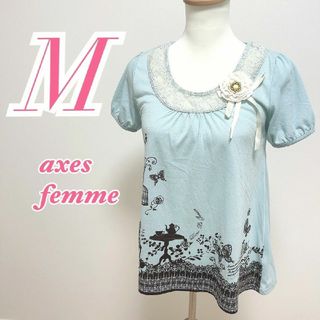 アクシーズファム(axes femme)のアクシーズファム　半袖カットソー　M　ブルー　きれいめ　花柄レース　ポリ100%(カットソー(半袖/袖なし))