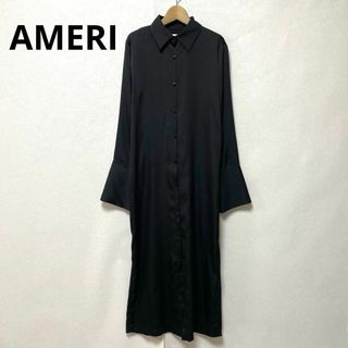 アメリヴィンテージ(Ameri VINTAGE)のAMERI アメリ ロングワンピース 長袖 薄手 シンプル 無地 ブラック F(ロングワンピース/マキシワンピース)