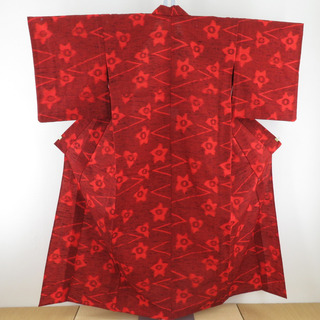 ウール着物 単衣 桔梗 織り文様 赤色 バチ衿 カジュアルきもの 普段着物 仕立て上がり 身丈155cm(着物)