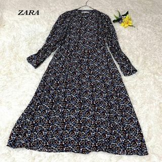 ザラ(ZARA)のZARA ザラ　ロングワンピース　花柄　総柄　フレア　シャツワンピース　長袖　S(ロングワンピース/マキシワンピース)