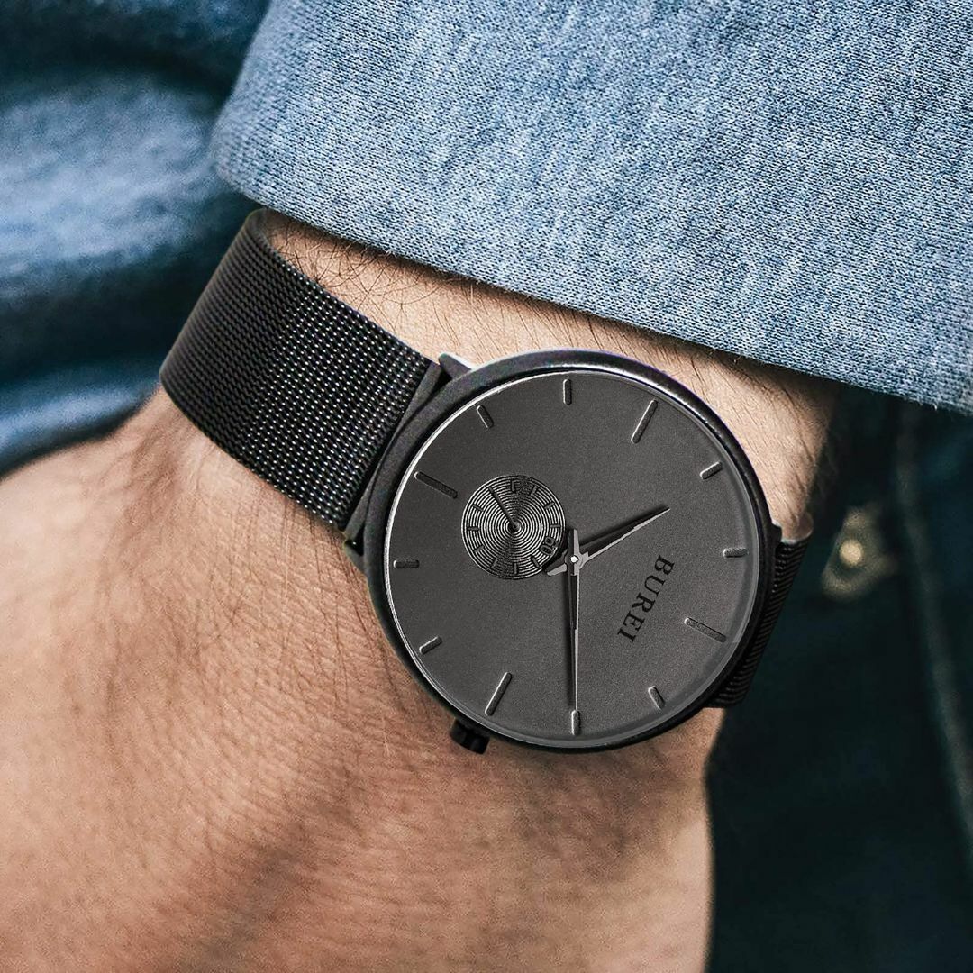 【色: 黒-グレー針】[BUREI]腕時計 メンズ 黒 シンプル おしゃれ 人気 メンズの時計(その他)の商品写真