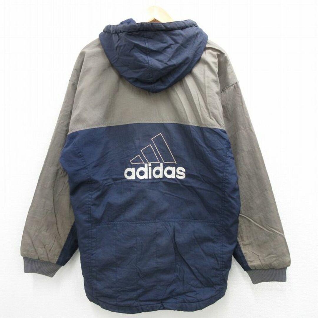 adidas(アディダス)のL★古着 アディダス adidas 長袖 ナイロン ジャケット パーカー メンズ 90年代 90s ビッグロゴ ツートンカラー 紺他 ネイビー 23nov01 中古 アウター メンズのジャケット/アウター(ダッフルコート)の商品写真