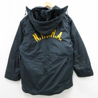 XL★古着 長袖 ナイロン ジャケット パーカー メンズ 90年代 90s NYCHA 大きいサイズ ロング丈 紺 ネイビー 内側キルティング フード内側ボア 23nov03 中古 アウター(ダッフルコート)