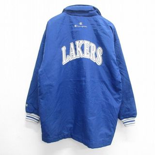 チャンピオン(Champion)のXL★古着 チャンピオン champion 長袖 ナイロン ジャケット ベンチ コート メンズ 00年代 00s ワンポイントロゴ レイカーズ ベースボール ロング丈 青 ブルー 内側キルティング 【spe】 23nov02 中古 アウター ウインドブレーカー(ダッフルコート)