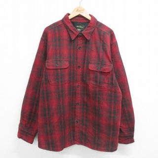 エディーバウアー(Eddie Bauer)のXL★古着 エディーバウアー 長袖 ヘビー フランネル シャツ メンズ 大きいサイズ ロング丈 コットン 赤他 レッド チェック 内側キルティング 23nov02 中古 トップス(シャツ)