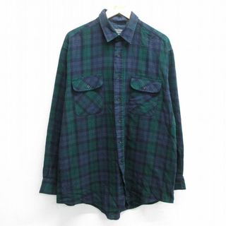 XL★古着 長袖 シャツ メンズ 90年代 90s ロング丈 大きいサイズ 緑他 グリーン タータン チェック 23nov07 中古 トップス(シャツ)