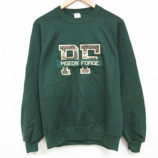 M★古着 長袖 スウェット メンズ 90年代 90s ピジョンフォージ 刺繍 ラグラン クルーネック 濃緑 グリーン 23nov01 中古 スエット トレーナー トップス(パーカー)