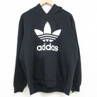 アディダス(adidas)のL★古着 アディダス adidas 長袖 スウェット パーカー メンズ ビッグロゴ リーフ トレフォイル 黒 ブラック 23nov08 中古 スエット トレーナー トップス(パーカー)