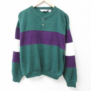 XL★古着 長袖 スウェット メンズ 90年代 90s マルチカラー アクリル ヘンリーネック 濃緑他 グリーン 23nov09 中古 スエット トレーナー トップス(パーカー)