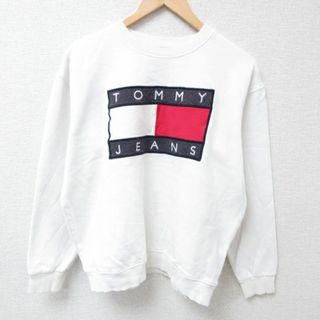 TOMMY HILFIGER - L★古着 トミーヒルフィガー TOMMY HILFIGER トミージーンズ 長袖 ブランド スウェット メンズ 90年代 90s ビッグロゴ 刺繍 クルーネック 白 ホワイト 【spe】 23nov09 中古 スエット トレーナー トップス