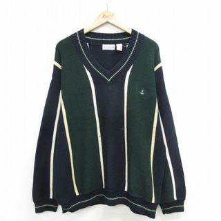 XL★古着 IZOD 長袖 チルデン セーター メンズ 90年代 90s ワンポイントロゴ 大きいサイズ コットン Vネック 緑他 グリーン ストライプ 23nov01 中古 ニット トップス(ニット/セーター)