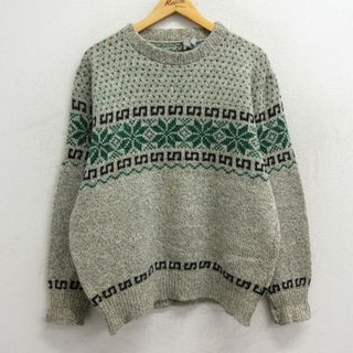 L★古着 長袖 ノルディック セーター メンズ 90年代 90s 雪柄 バーズアイ ウール クルーネック ベージュ系 カーキ 23nov09 中古 ニット トップス(ニット/セーター)