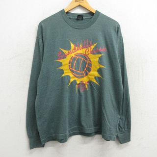 フルーツオブザルーム(FRUIT OF THE LOOM)のXL★古着 フルーツオブザルーム 長袖 ビンテージ Tシャツ メンズ 90年代 90s バレーボール クルーネック USA製 薄緑 グリーン 霜降り 23nov04 中古(Tシャツ/カットソー(半袖/袖なし))