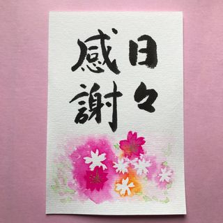 書道作品　日々感謝　桜　直筆　画仙紙はがき(アート/写真)