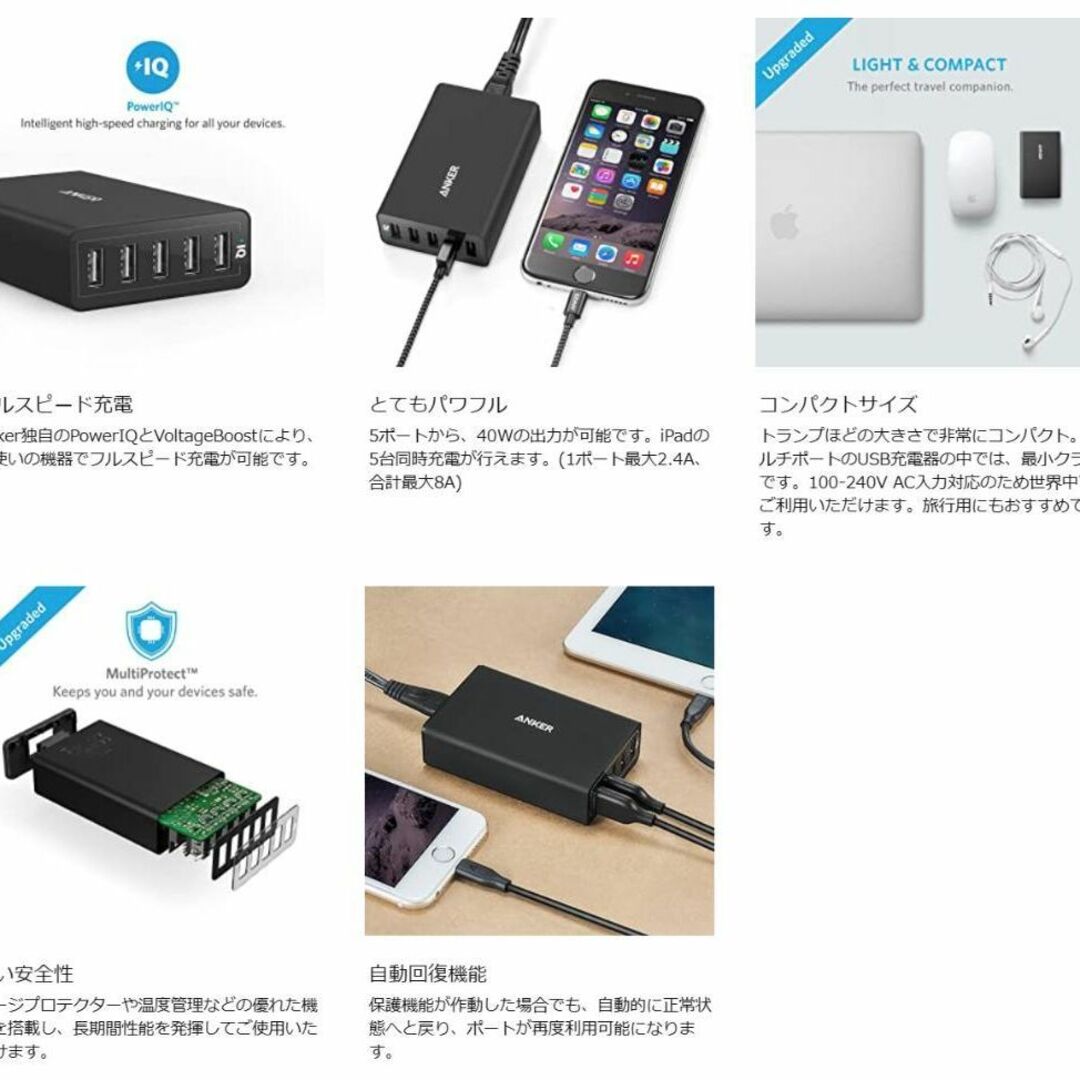 Anker(アンカー)のアンカー USB充電器 ANKER 71AN7105 CHARGER (40W) スマホ/家電/カメラのスマートフォン/携帯電話(バッテリー/充電器)の商品写真