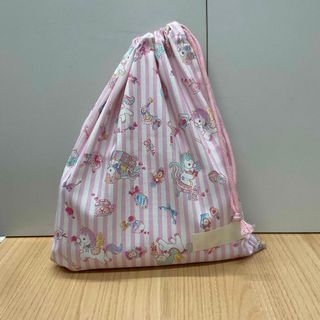 ピンクストライプ ユニコーン柄【大きめ片ひも体操着袋】w35×40cm 女の子(外出用品)