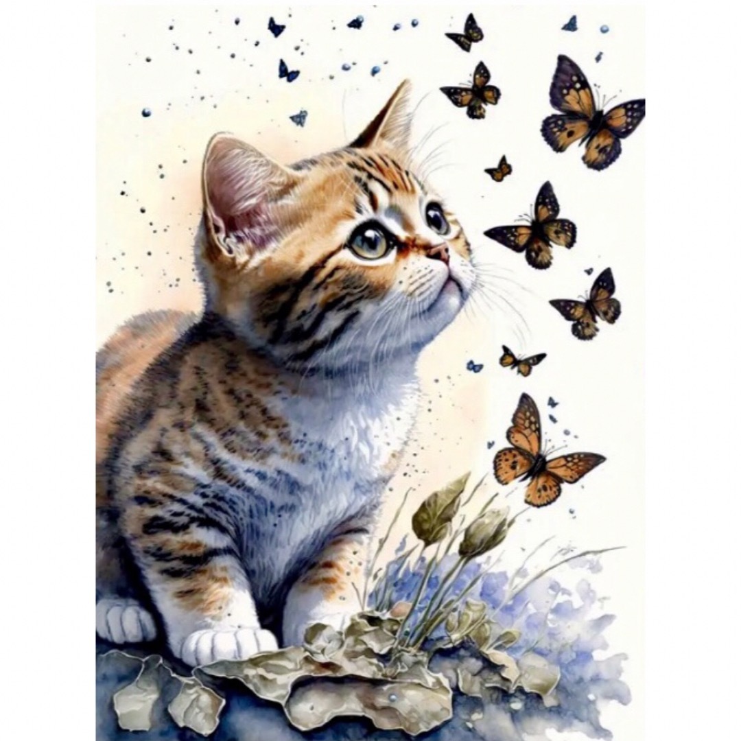 ダイヤモンドアート　蝶とネコ⑤   30×20   ハンドメイドのインテリア/家具(アート/写真)の商品写真