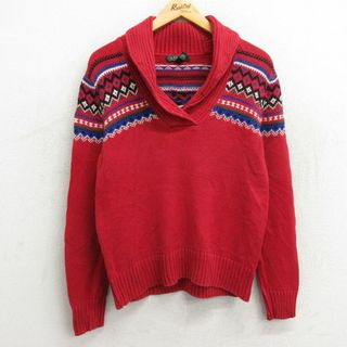 Ralph Lauren - 古着 ラルフローレン Ralph Lauren 長袖 ブランド セーター レディース フェアアイル コットン ショールカラー 赤 レッド 23nov20 中古 ニット トップス