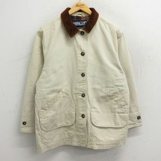 ランズエンド(LANDS’END)の古着 ランズエンド 長袖 ジャケット カバーオール レディース 90年代 90s 襟コーデュロイ ダック地 コットン 生成り 内側フランネル 23nov16 中古 アウター ジャンパー ブルゾン(ロングコート)