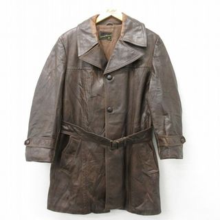 L★古着 長袖 ビンテージ レザー コート メンズ 70年代 70s ロング丈 こげ茶 ブラウン 23nov11 中古 アウター(ダッフルコート)