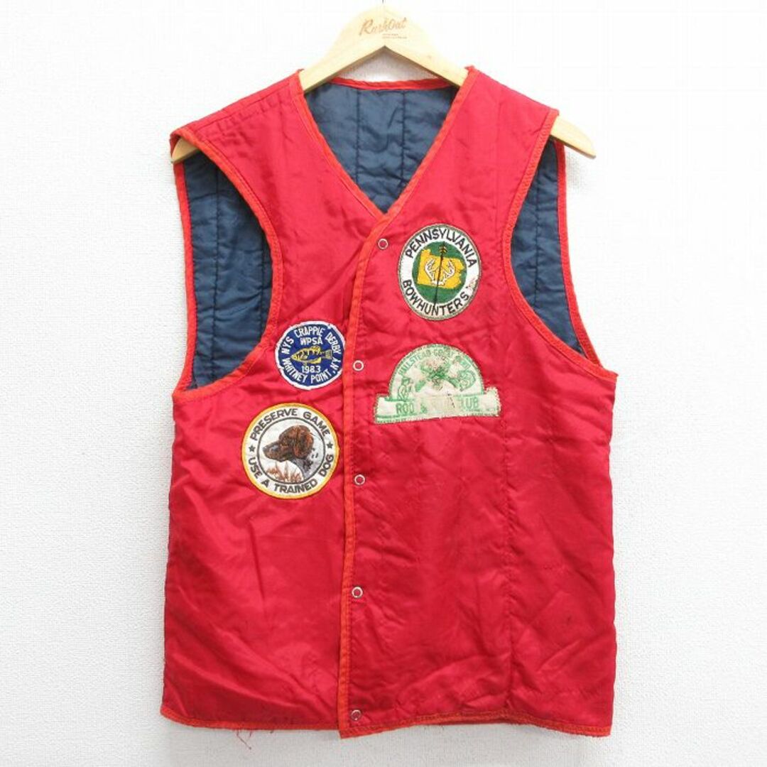 XS☆古着 ナイロン ベスト メンズ 80年代 80s 魚 犬 ワッペン 赤 XS☆古着 ナイロン ベスト メンズ 80年代 80s 魚 犬 ワッペン 赤