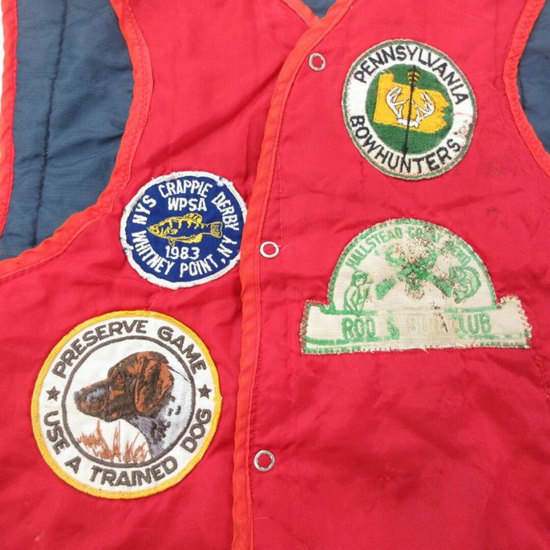 XS☆古着 ナイロン ベスト メンズ 80年代 80s 魚 犬 ワッペン 赤 XS☆古着 ナイロン ベスト メンズ 80年代 80s 魚 犬 ワッペン 赤