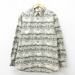 ウールリッチ(WOOLRICH)のXL★古着 ウールリッチ WOOLRICH 長袖 フランネル シャツ メンズ 魚 釣り 大きいサイズ ボタンダウン 薄ベージュ他 カーキ 23nov18 中古 トップス(シャツ)