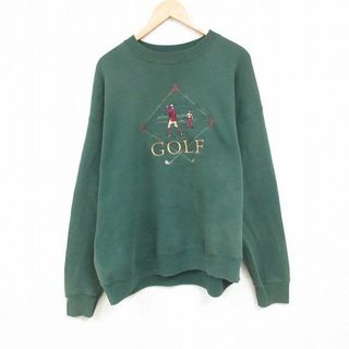 リー(Lee)のXL★古着 リー Lee 長袖 スウェット メンズ 90年代 90s ゴルフ 刺繍 大きいサイズ クルーネック USA製 濃緑 グリーン 23nov11 中古 スエット トレーナー トップス(パーカー)