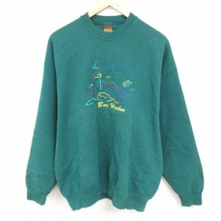 XL★古着 長袖 スウェット メンズ 90年代 90s 灯台 鳥 刺繍 クルーネック USA製 濃緑 グリーン 23nov15 中古 スエット トレーナー トップス(パーカー)