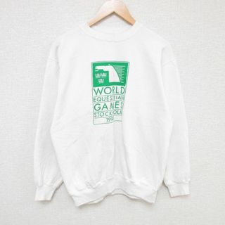 ヘインズ(Hanes)のM★古着 ヘインズ Hanes 長袖 スウェット メンズ 90年代 90s WORLD EQUESTRIAN 馬 クルーネック USA製 白 ホワイト 23nov16 中古 スエット トレーナー トップス(パーカー)