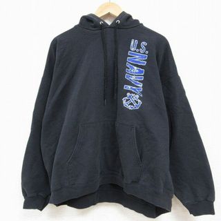 ヘインズ(Hanes)のXL★古着 ヘインズ Hanes 長袖 スウェット パーカー メンズ 00年代 00s ミリタリー ネイビー NAVY イカリ 大きいサイズ 黒 ブラック 23nov17 中古 スエット トレーナー トップス(パーカー)