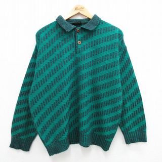 XL★古着 長袖 セーター メンズ 90年代 90s 総柄 大きいサイズ 襟付き 緑他 グリーン 23nov16 中古 ニット トップス(ニット/セーター)