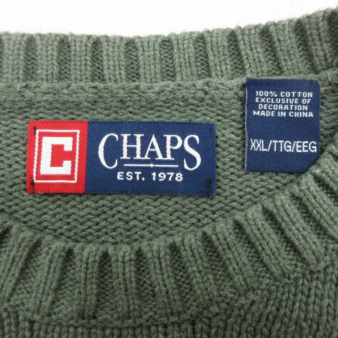 CHAPS(チャップス)のXL★古着 チャップス 長袖 セーター メンズ 90年代 90s ワンポイントロゴ コットン クルーネック 緑 グリーン 23nov17 中古 ニット トップス メンズのトップス(ニット/セーター)の商品写真