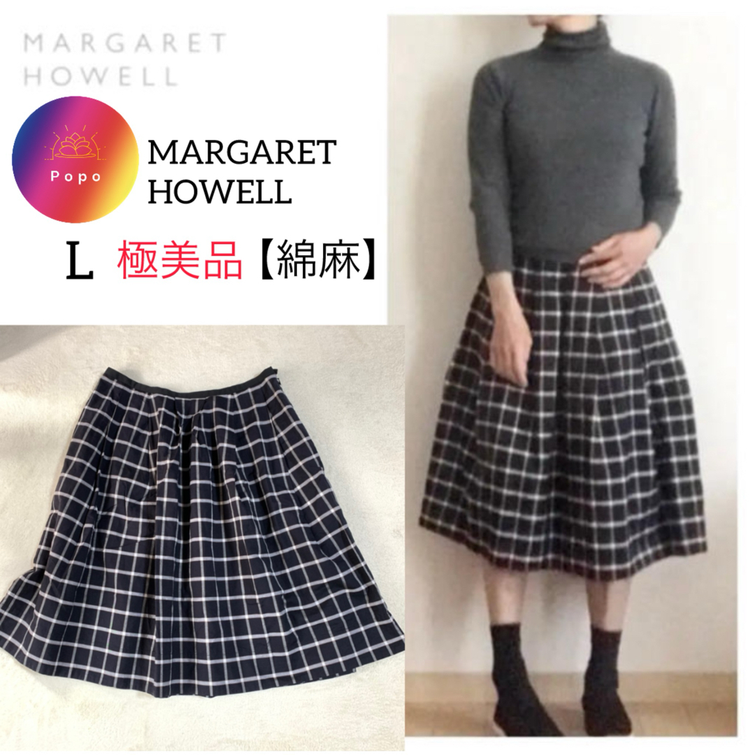 MARGARET HOWELL(マーガレットハウエル)の極美品✨マーガレットハウエル　コットンフレアチェックスカート　大きい　綿　麻　Ⅲ レディースのスカート(ひざ丈スカート)の商品写真