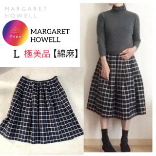 マーガレットハウエル(MARGARET HOWELL)の極美品✨マーガレットハウエル　コットンフレアチェックスカート　大きい　綿　麻　Ⅲ(ひざ丈スカート)