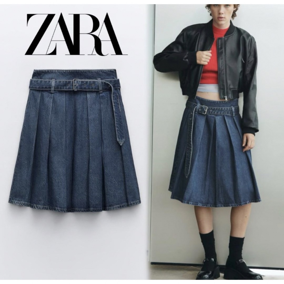 ZARA(ザラ)のZARA TRF  denim ザラ デニム ボックスプリーツ スカート  レディースのスカート(ひざ丈スカート)の商品写真