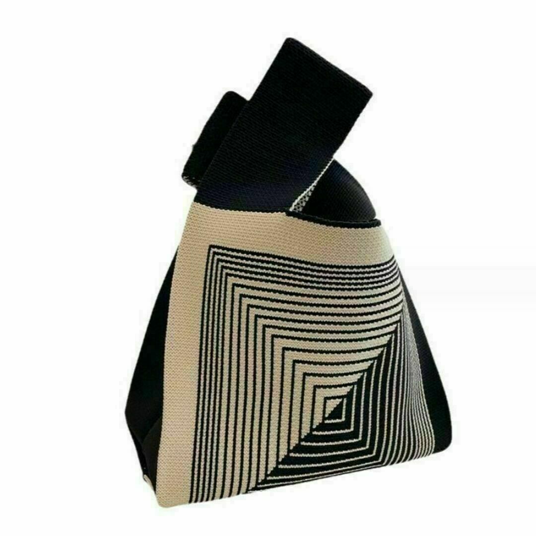 【大人気】幾何学模様 ニット トートバッグ 黒×茶 ミニバッグ サブ エコバッグ